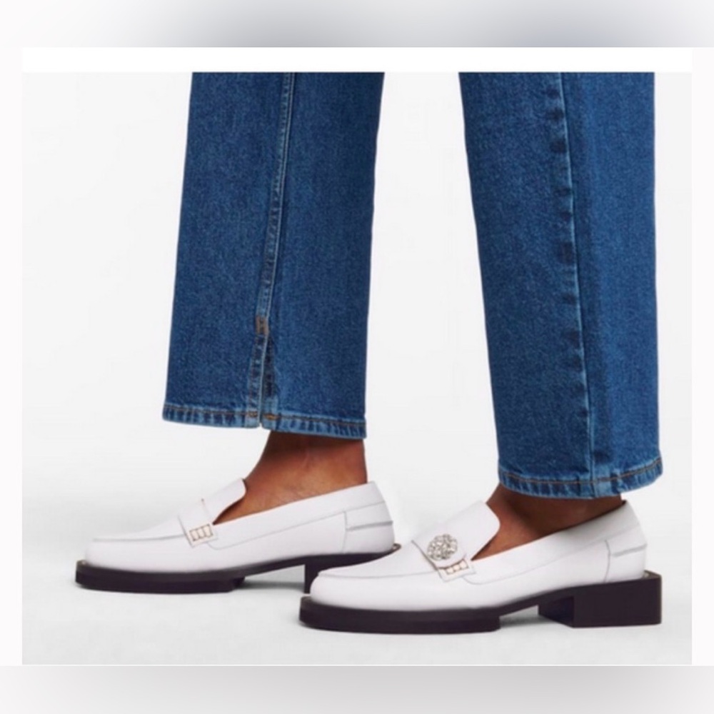 Ganni White Leather Loafers with Silver Emblem